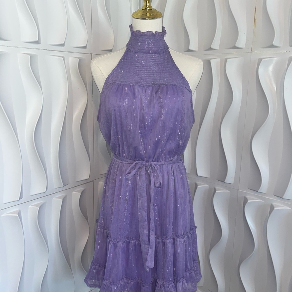 Purple Ruched Halter Midi Dress